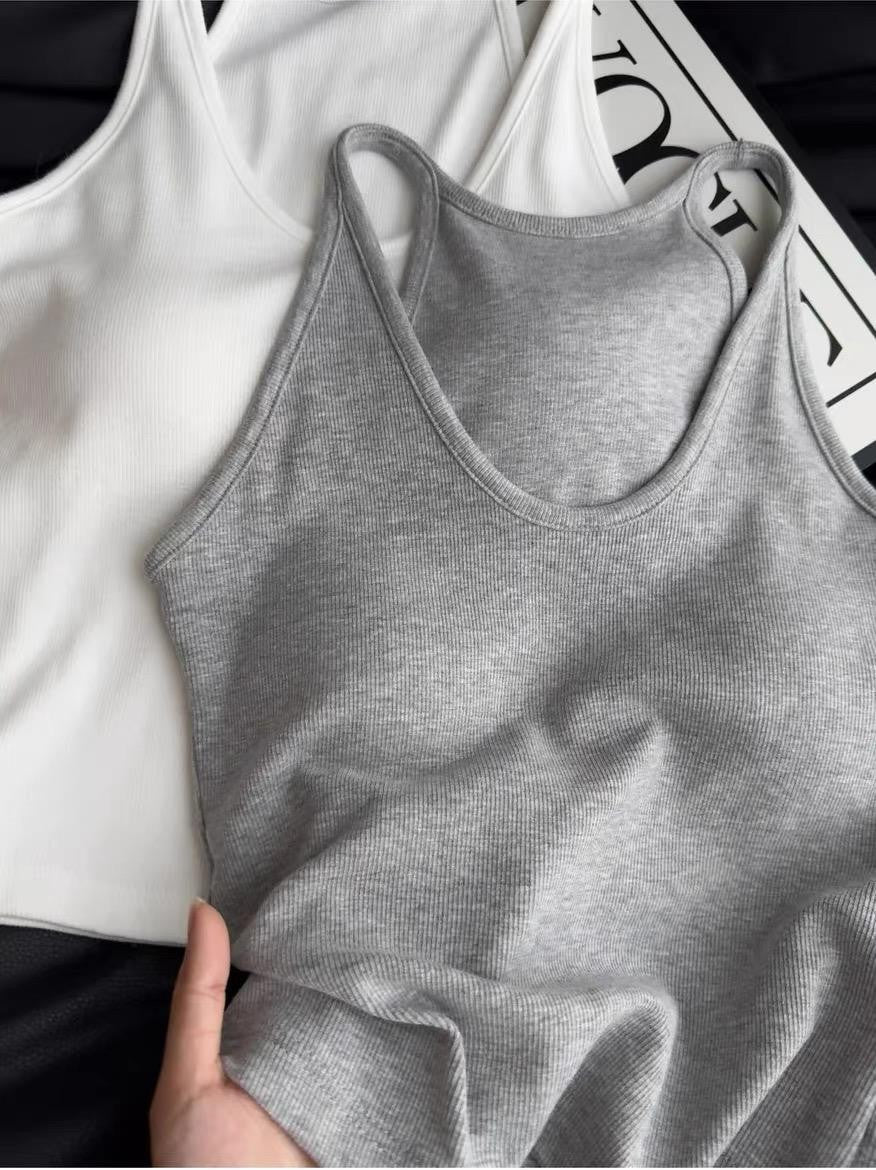 French Ribbed Padded Tank Top | Built-In Bra Crop Cami