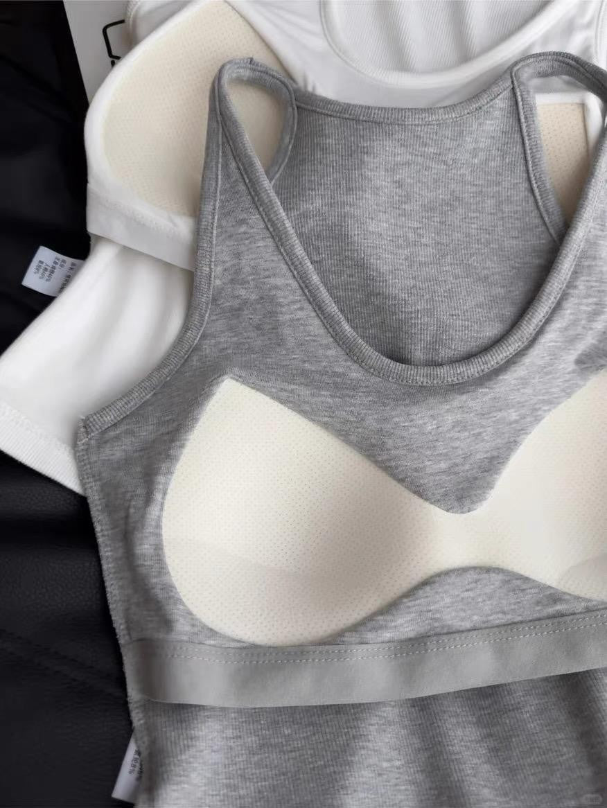 French Ribbed Padded Tank Top | Built-In Bra Crop Cami