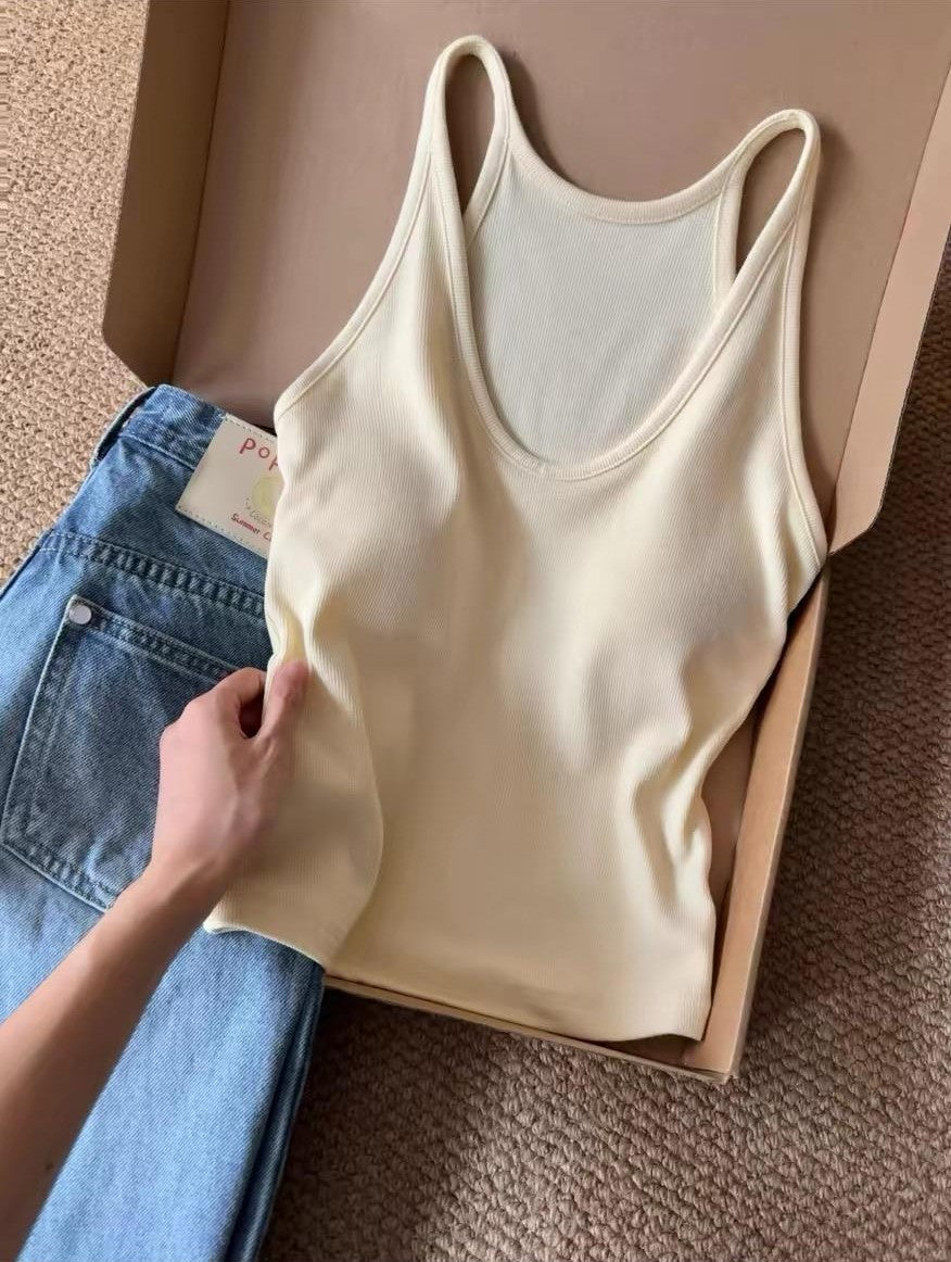 French Ribbed Padded Tank Top | Built-In Bra Crop Cami