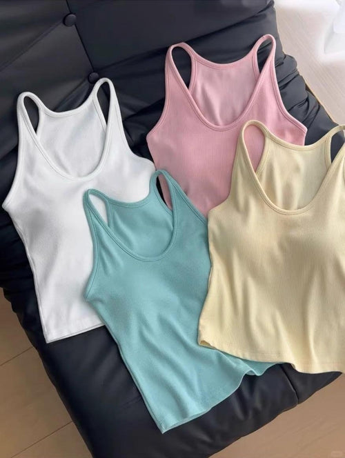French Ribbed Padded Tank Top | Built-In Bra Crop Cami