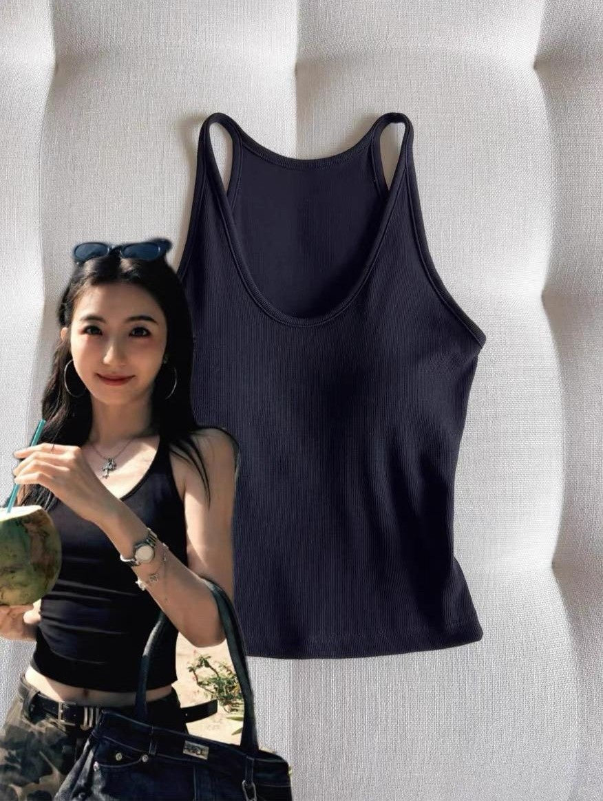 French Ribbed Padded Tank Top | Built-In Bra Crop Cami