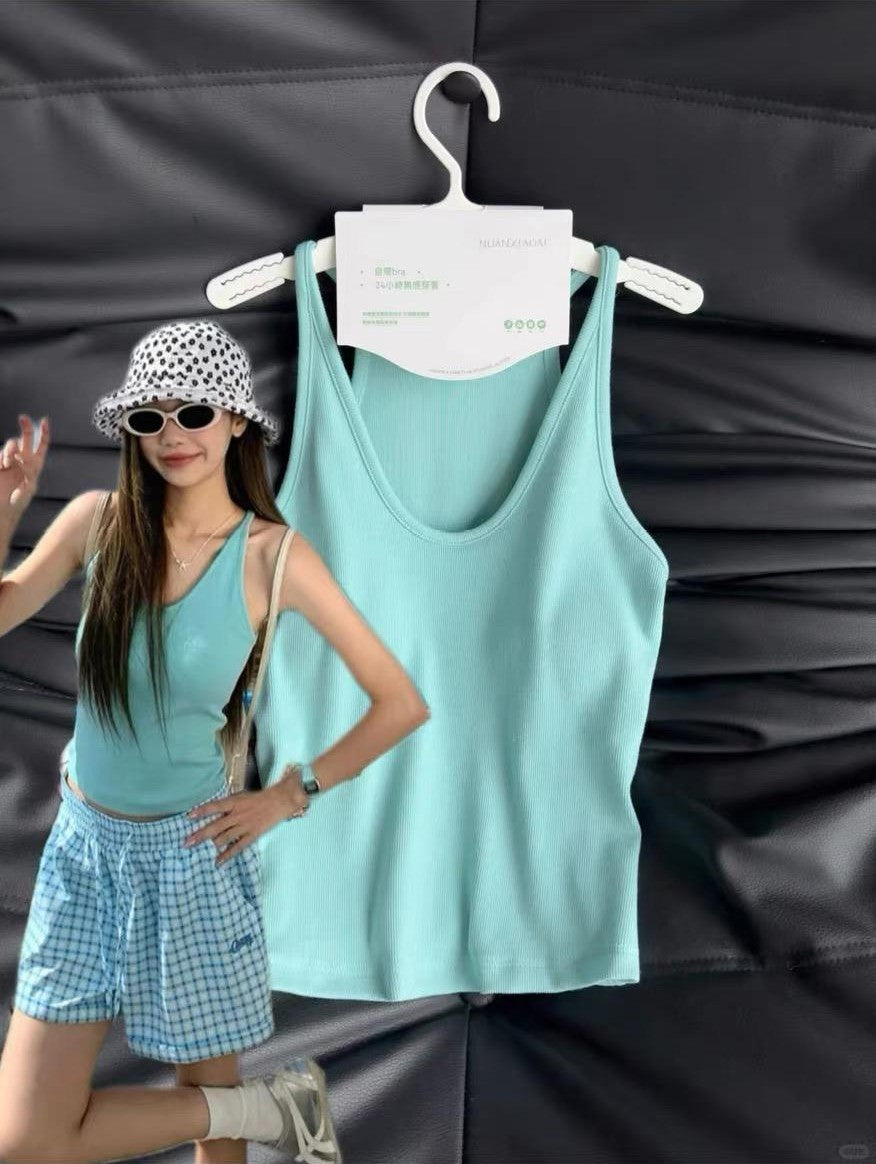 French Ribbed Padded Tank Top | Built-In Bra Crop Cami