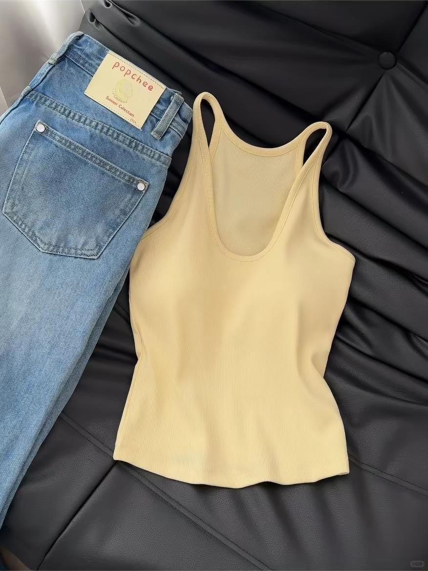 French Ribbed Padded Tank Top | Built-In Bra Crop Cami