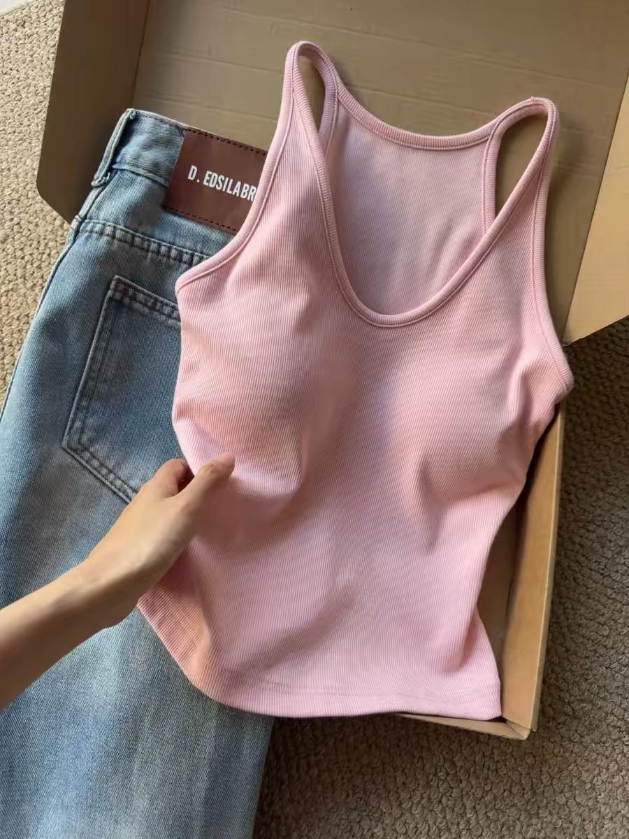 French Ribbed Padded Tank Top | Built-In Bra Crop Cami